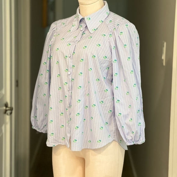 Zara Cotton, Button Down Striped Shirt with Floral Print and Puffy Sleeves - Picture 9 of 10
